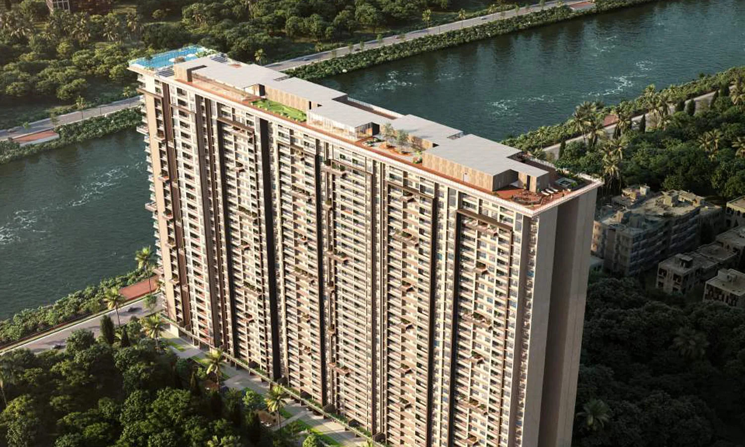 Global Riverfront Riverside tower aerial view, artistic impression